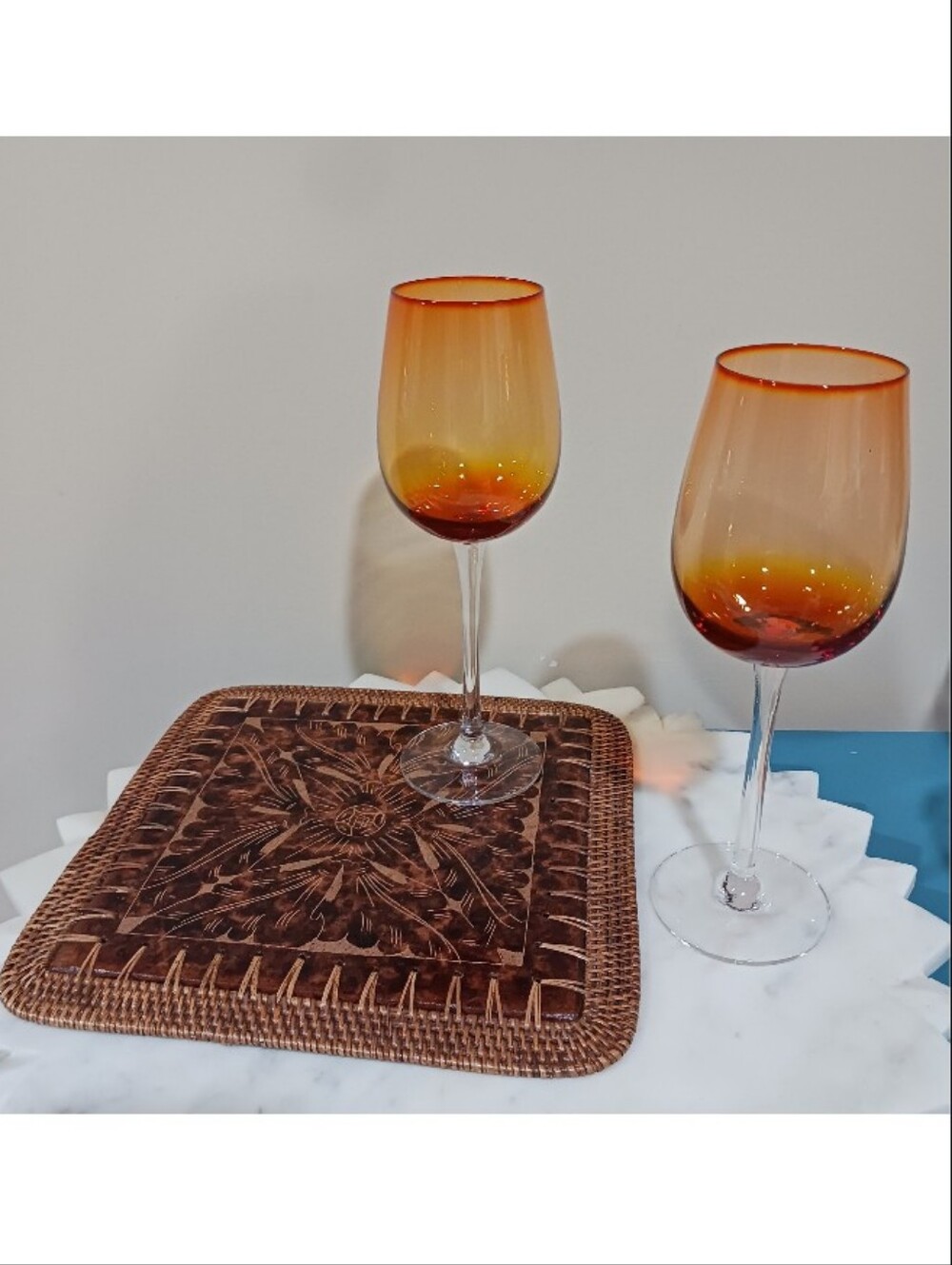 Pier 1 Imports LOT Amberina Ombre Wine Glasses & Terra Cotta Rattan Trivet Retro - Picture 2 of 16